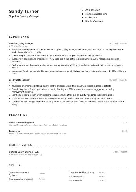 Supplier Quality Manager Resume Example