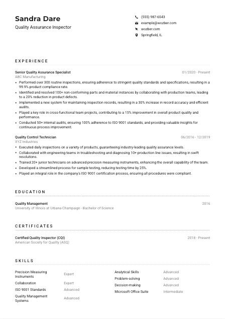 Quality Assurance Inspector Resume Example
