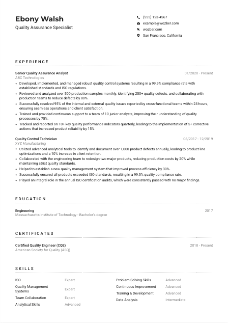 Quality Assurance Specialist CV Example