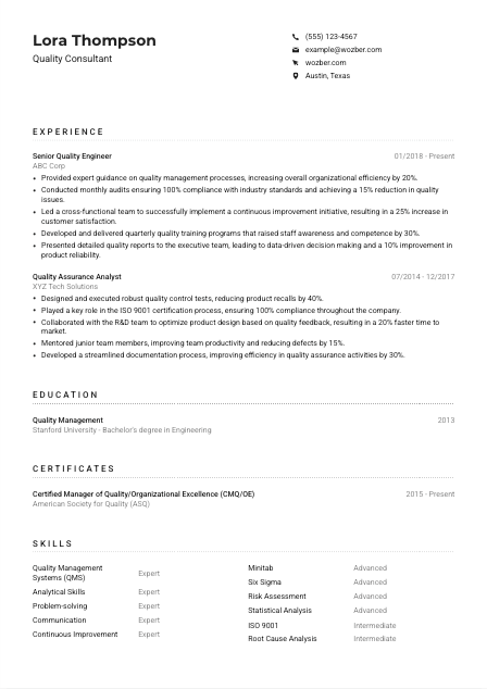 Quality Consultant CV Example