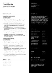 Quality Control Specialist Resume Template #3