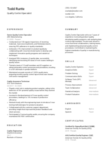 Quality Control Specialist CV Template #1