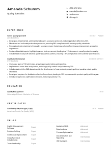 Quality Specialist CV Example