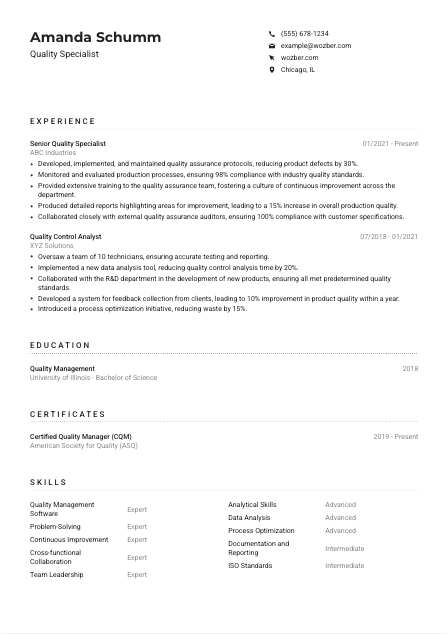 Quality Specialist Resume Example
