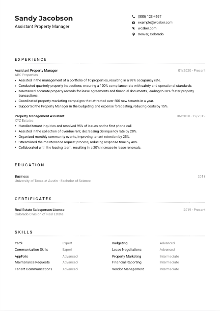 Assistant Property Manager CV Example