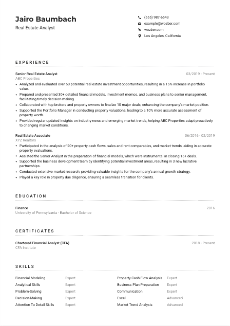 Real Estate Analyst Resume Example
