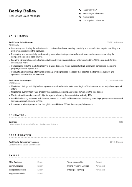Real Estate Sales Manager CV Example