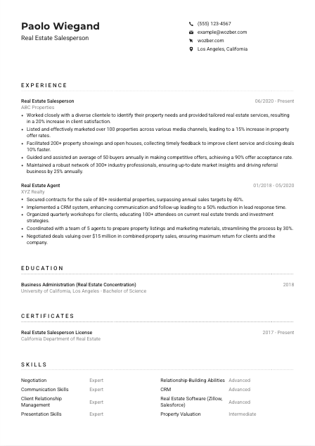 Real Estate Salesperson Resume Example