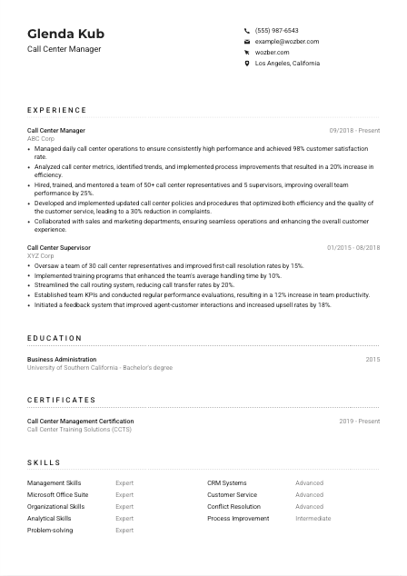 Call Center Manager Resume Example