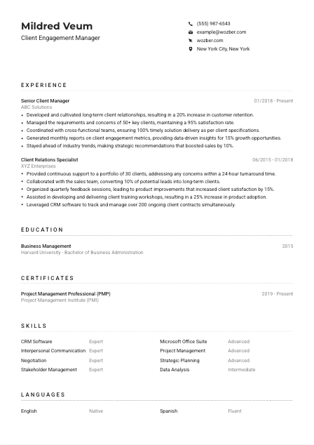 Client Engagement Manager Resume Example
