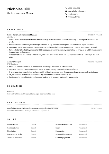 Customer Account Manager Resume Example