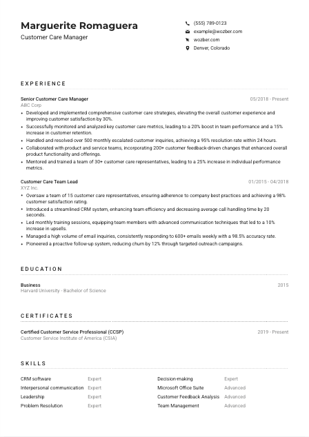 Customer Care Manager CV Example