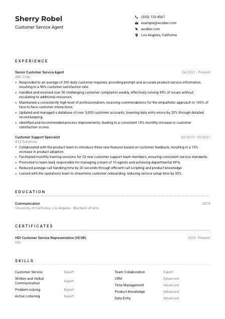Customer Service Agent Resume Example