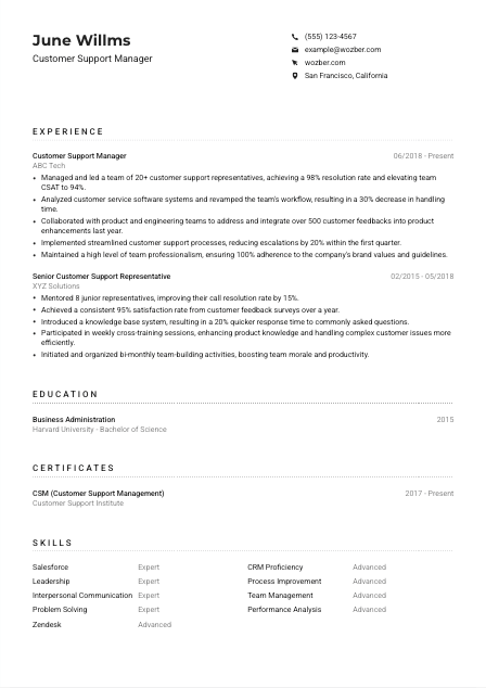 Customer Support Manager CV Example