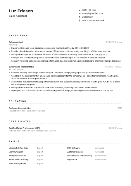 Sales Assistant Resume Example