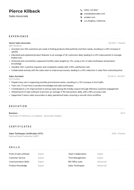 Sales Associate Resume Example