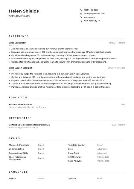 Sales Coordinator Resume Example