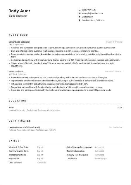 Sales Specialist Resume Example