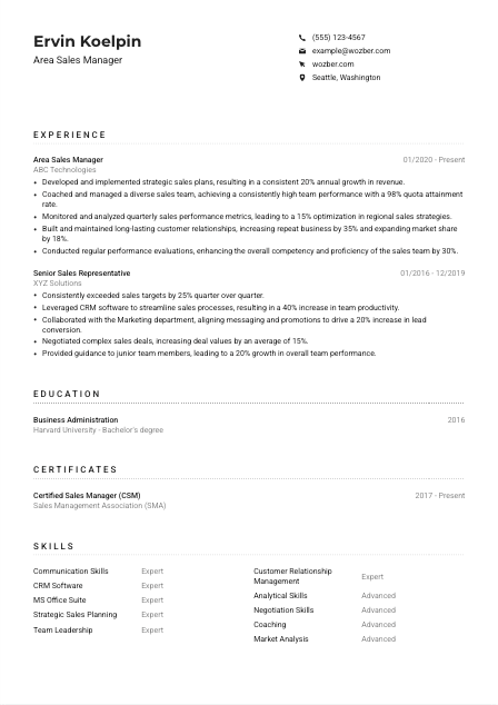 Area Sales Manager CV Example