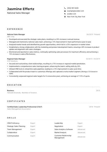 National Sales Manager Resume Example