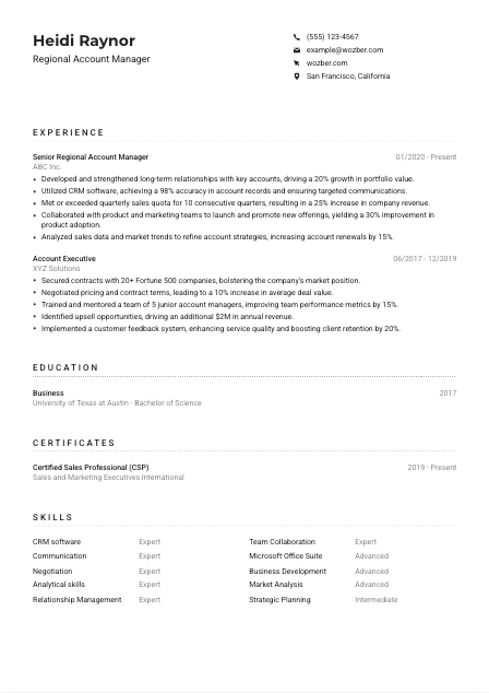Regional Account Manager CV Example