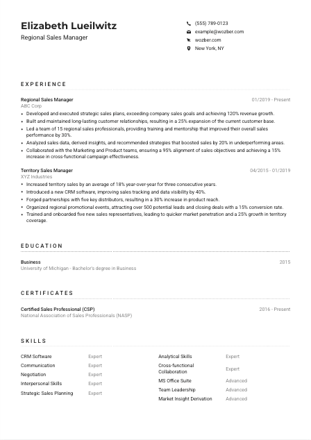 Regional Sales Manager CV Example