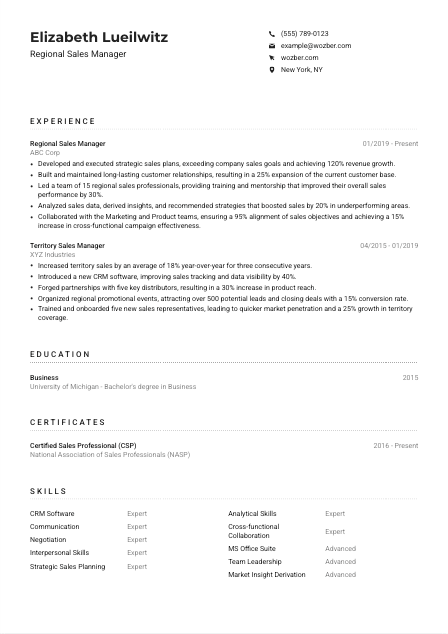 Regional Sales Manager Resume Example