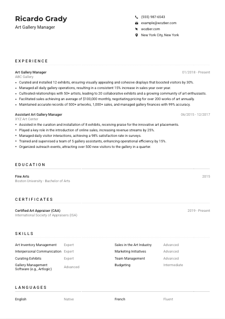 Art Gallery Manager CV Example