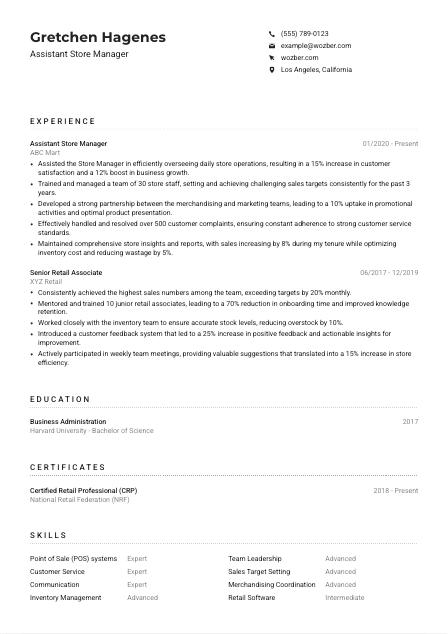 Assistant Store Manager CV Example