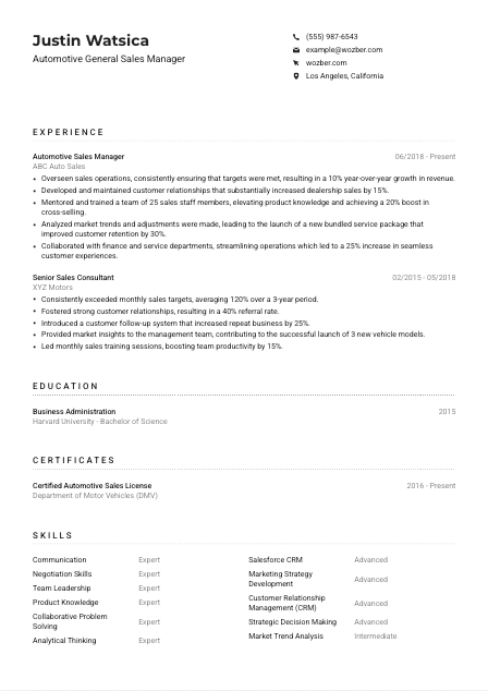 Automotive General Sales Manager CV Example