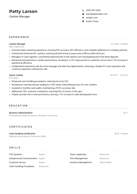 Cashier Manager Resume Example