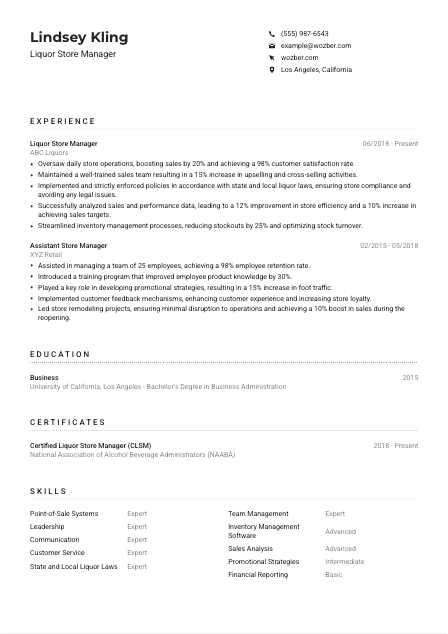 Liquor Store Manager Resume Example