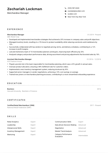 Merchandise Manager CV Example