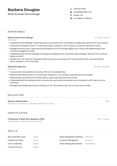 Retail Assistant Store Manager Resume Example