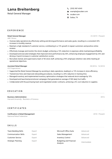 Retail General Manager CV Example