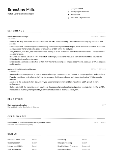 Retail Operations Manager Resume Example