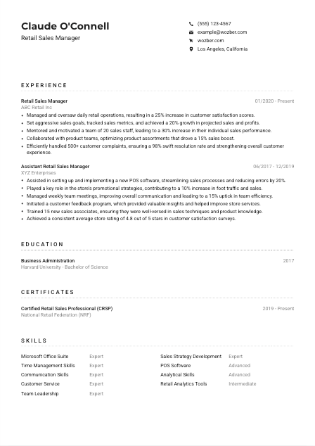 Retail Sales Manager CV Example