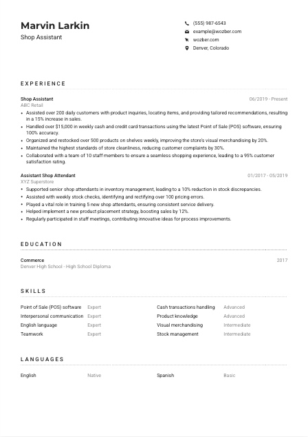 Shop Assistant CV Example