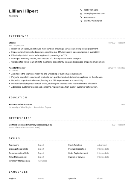 Stocker Resume Example