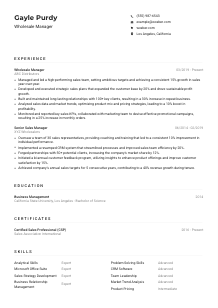 Wholesale Manager Resume Example