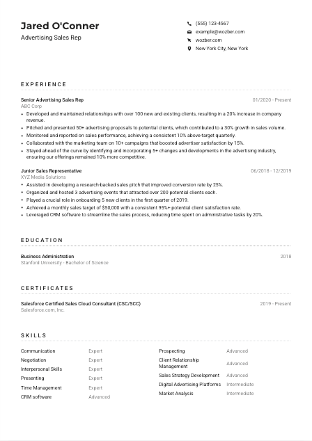 Advertising Sales Rep Resume Example