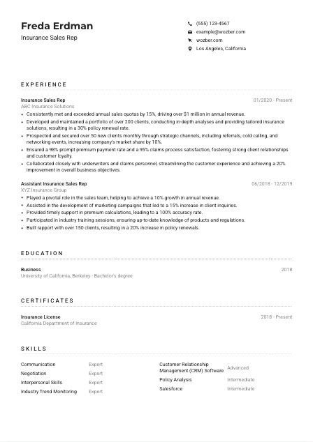 Insurance Sales Rep Resume Example