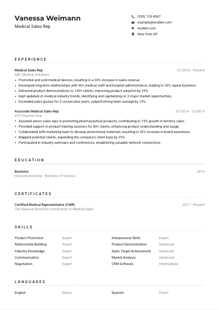 Medical Sales Rep CV Example