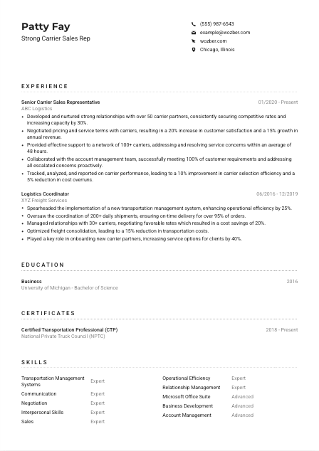 Strong Carrier Sales Rep Resume Example