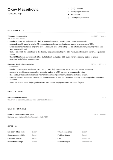 Telesales Rep Resume Example