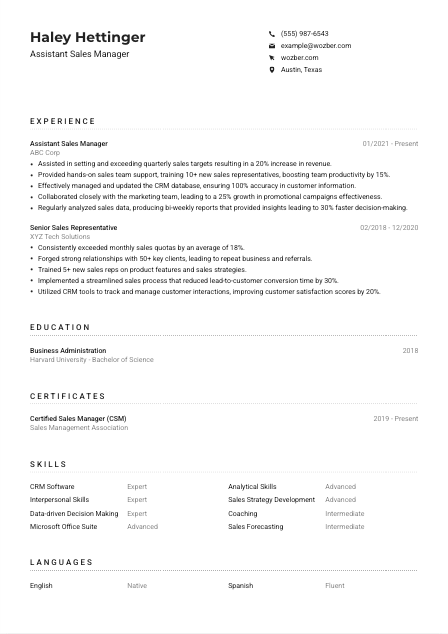 Assistant Sales Manager Resume Example