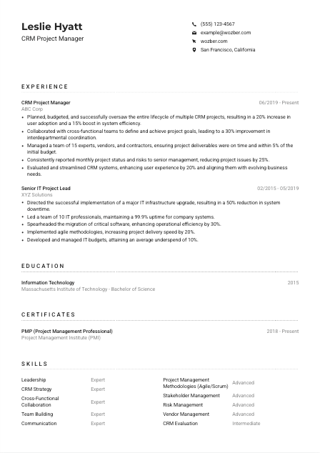 CRM Project Manager Resume Example