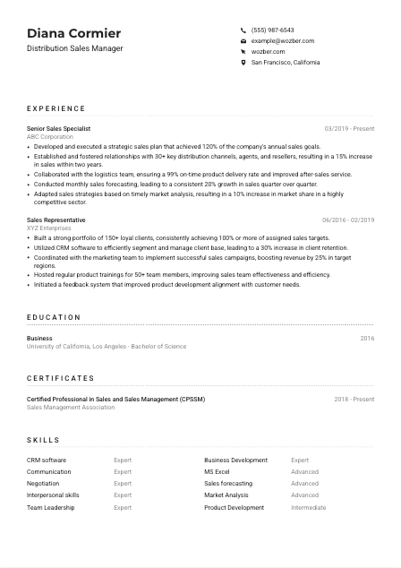 Distribution Sales Manager CV Example