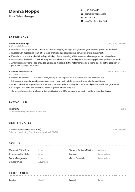 Hotel Sales Manager Resume Example