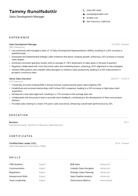 Sales Development Manager Resume Example